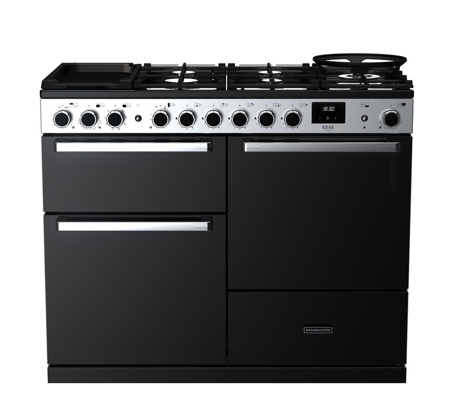 Rangemaster Edge Deluxe EDDLO110DFGBLK/CM1 110cm Dual Fuel Range Cooker Black Glass / Chrome