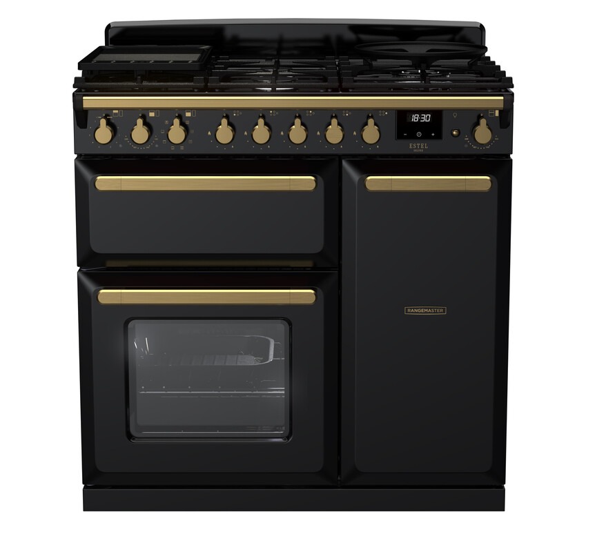 Rangemaster Estel Deluxe ESDL90DFPGBL/AB1 90cm Dual Fuel Range Cooker Black / Antique Brass