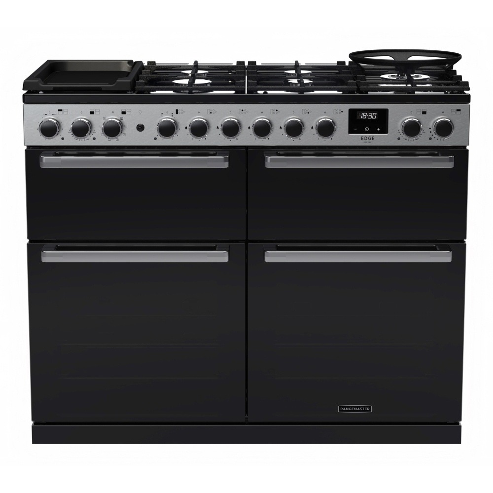 Rangemaster Edge Deluxe EDDLB110DFGBLK/CM1 110cm Dual Fuel Range Cooker Black Glass / Chrome