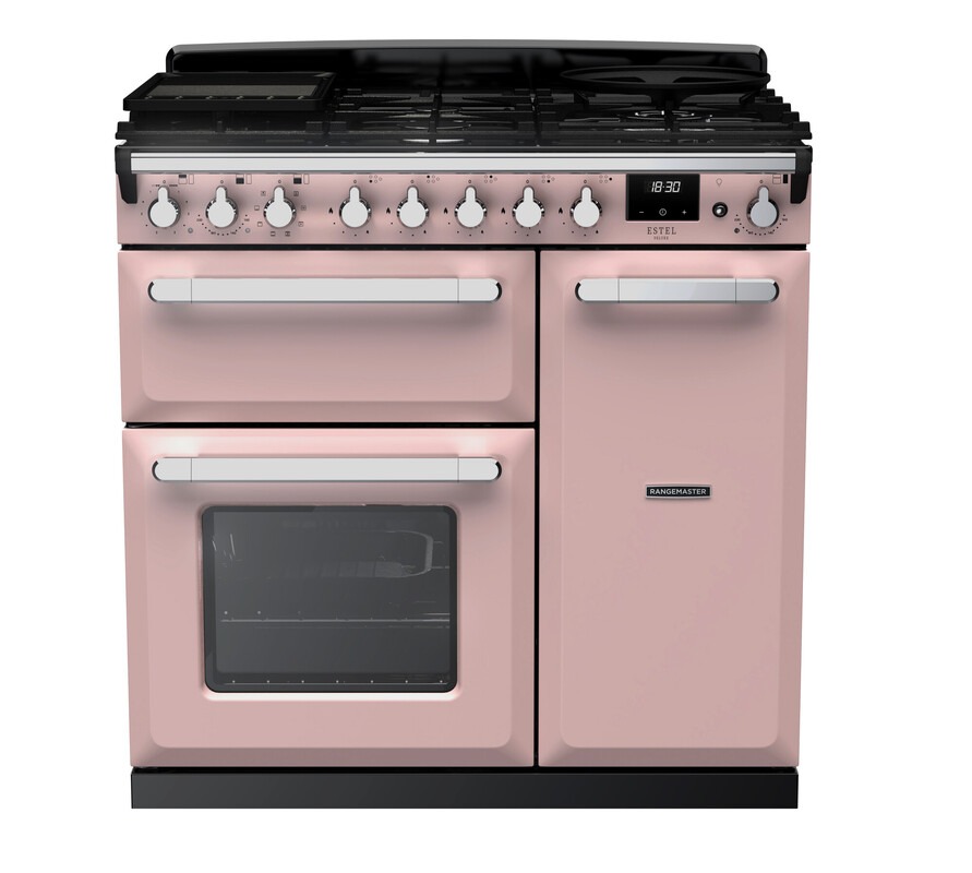 Rangemaster Estel Deluxe ESDL90DFPPPK/CM1 90cm Dual Fuel Range Cooker Pale Pink / Chrome