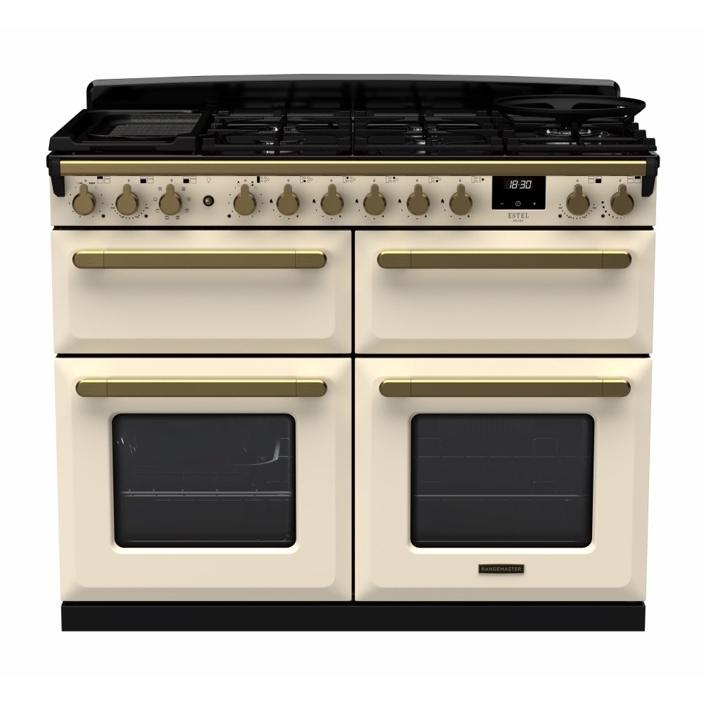 Rangemaster Estel Deluxe ESDLB110DFPPCR/AB1 110cm Dual Fuel Range Cooker - Pale Cream / Antique Brass