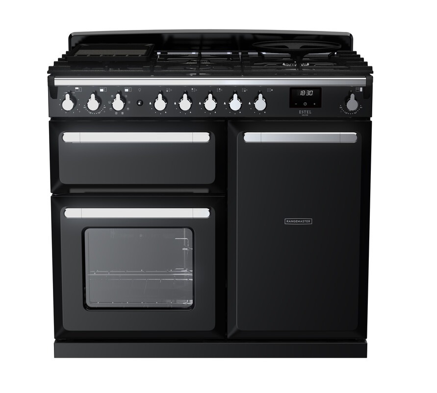 Rangemaster Estel Deluxe ESDL100DFPGBL/CM1 100cm Dual Fuel Range Cooker Black / Chrome