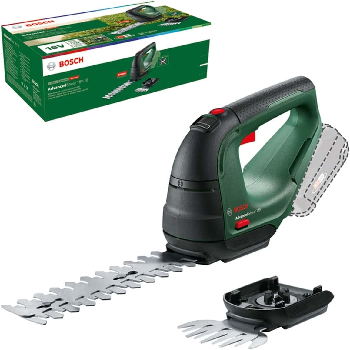Bosch Garden 0600857070 AdvancedShear 18 Cordless Shrub & Grass Shear Set with 1 battery 