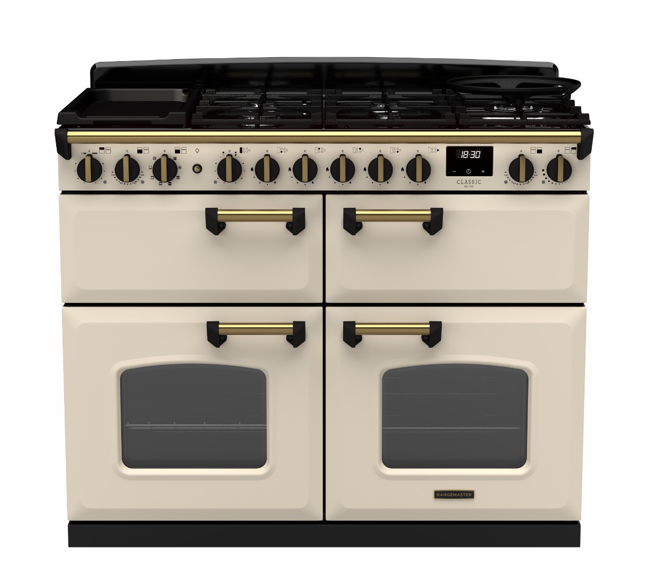 Rangemaster CLDLB110DFPPCR/AB1 Classic Deluxe 110cm Dual Fuel Range Cooker (Slow Oven) - Pale Cream with Antique Brass Trim