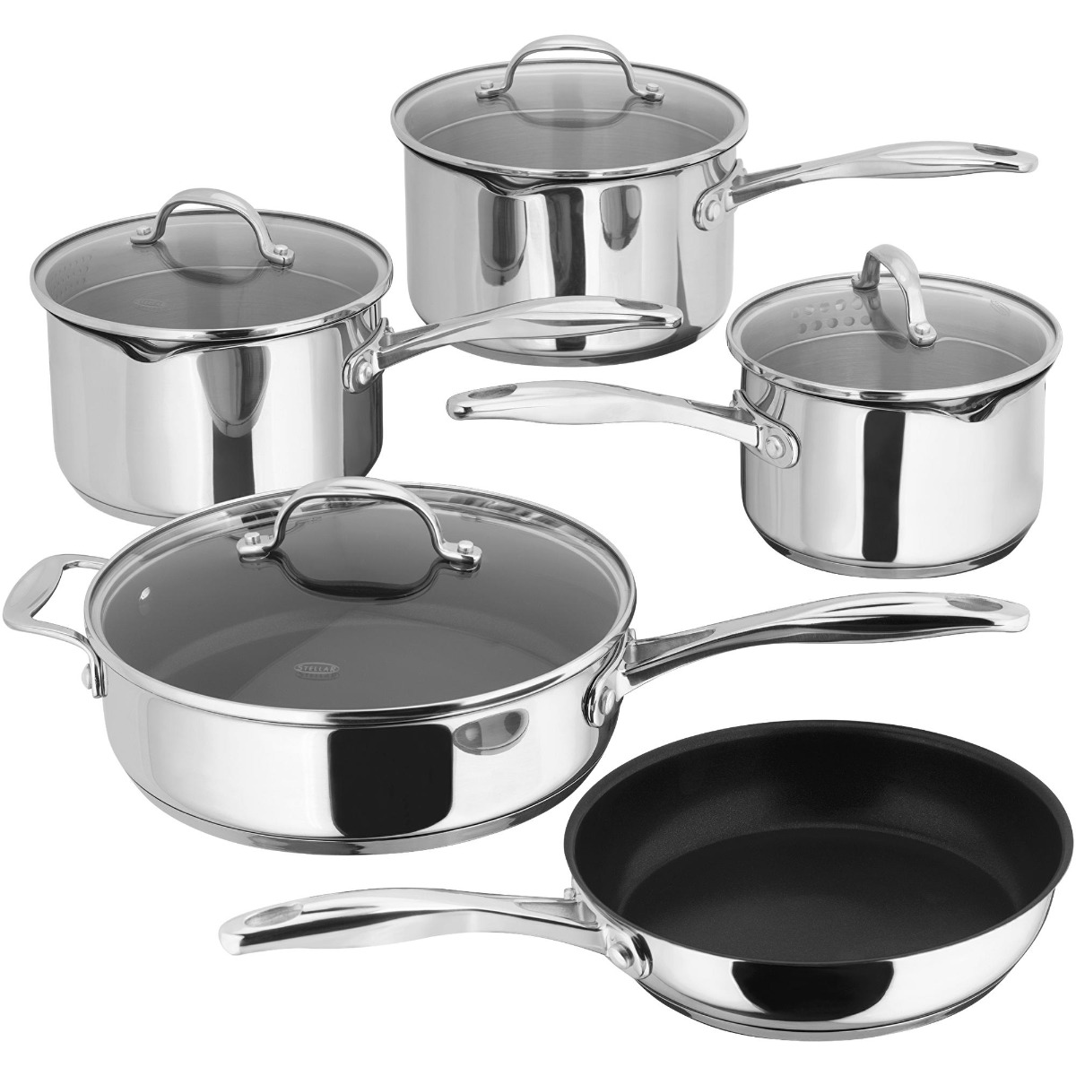 Stellar S7C4D 7000| 5 Piece Pan Set with Glass Draining Lids